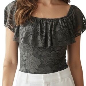 EXPRESS Olive Green Lace On/Off Shoulder Ruffle Trim Bodysuit Size XS